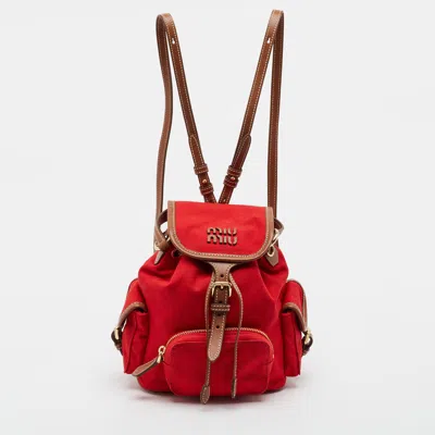Pre-owned Miu Miu Red/brown Canvas And Leather Drawstring Backpack