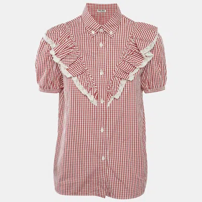 Pre-owned Miu Miu Red/white Cotton Gingham Ruffled Button Front Blouse M