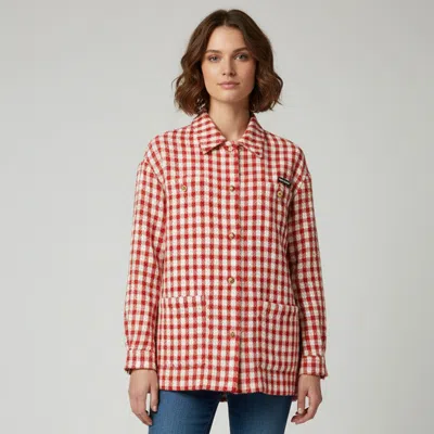 Pre-owned Miu Miu Red/white Gingham Check Boucle Blouson Jacket M
