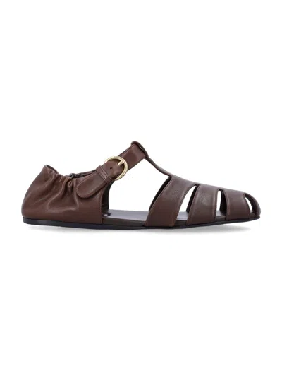Refined Fisherman Sandals With Ruching And Adjustable Strap In Brown from Miu Miu