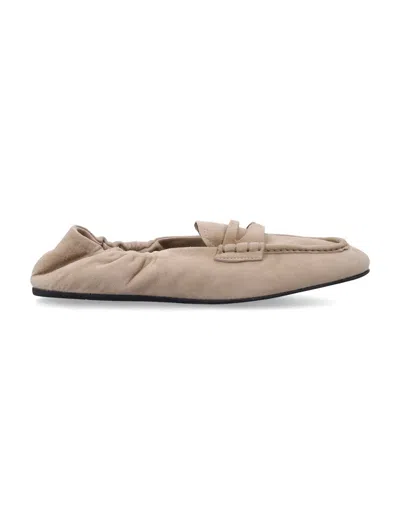 Miu Miu Refined Lamb Leather Loafers With Gathered Trim And Structured Loafer Strap In Deserto