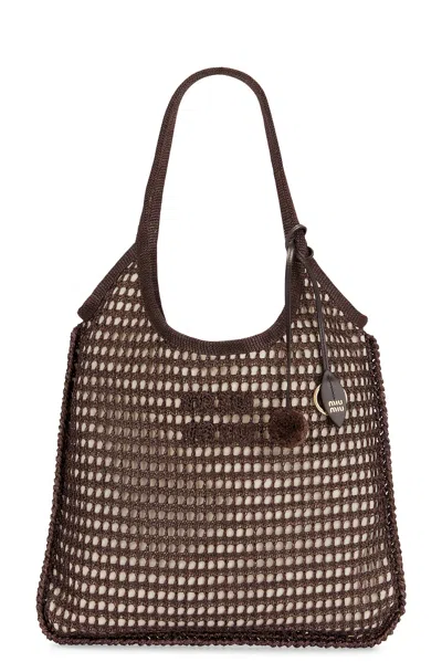 Miu Miu Ivy Raffia Crochet-knit Logo-patch Tote Bag In Brown