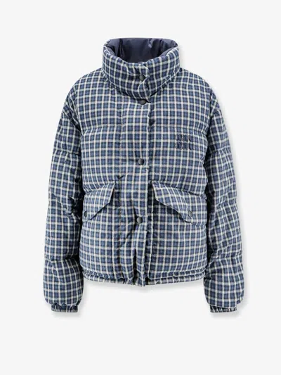 Miu Miu Reversible Madras Flannel Down Jacket In Blue