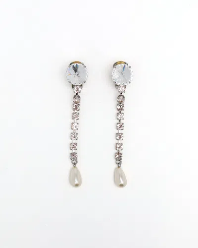Miu Miu Rhinestone And Dangling Pearl Clip-on Earrings In Metallic