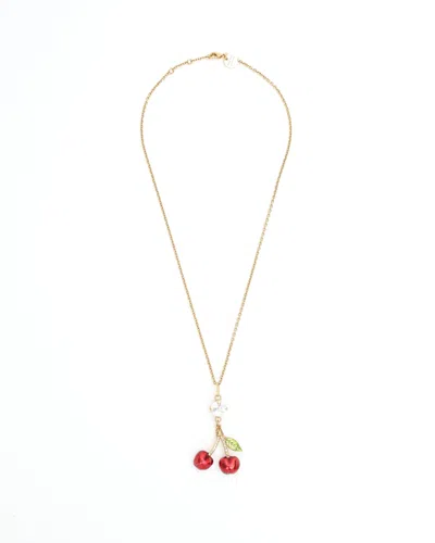 Miu Miu Rhinestone Cherry Necklace In Gold