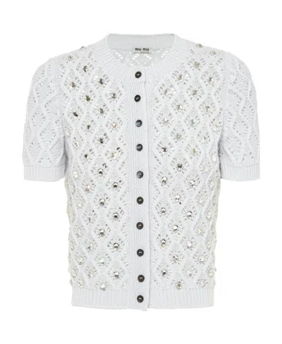 Miu Miu Rhinestone-embellished Cropped Cardigan In White