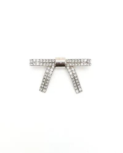 Miu Miu Rhinestone Ribbon Brooch In Silver