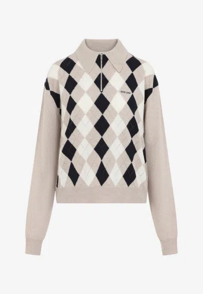 MIU MIU RIBBED ARGYLE POLO SWEATER