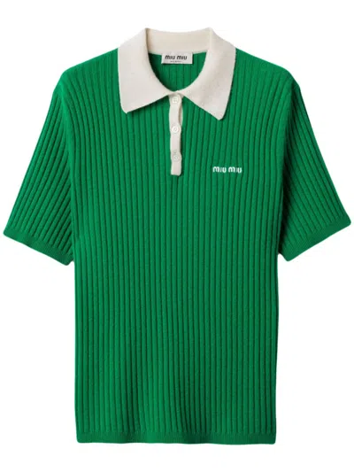 Miu Miu Ribbed Cashmere Polo Top In Stripped