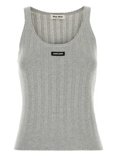 Miu Miu Ribbed Cotton Tank Top In Gray