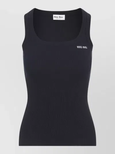 Miu Miu Ribbed Cotton Tank Top Wide Neckline In Black