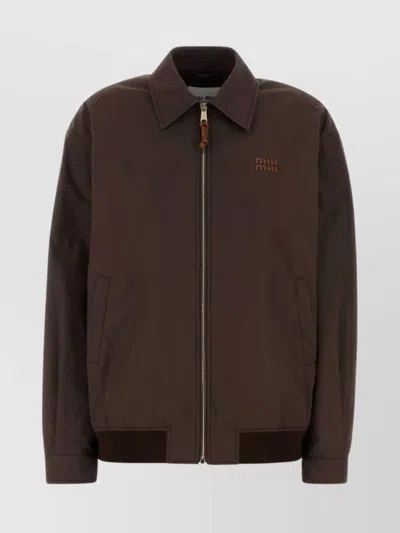 Miu Miu Ribbed Hem Cotton Blend Jacket In Brown
