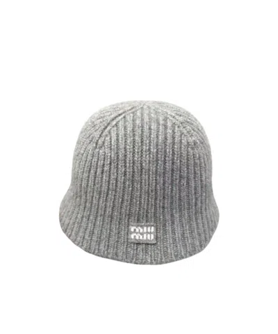 Miu Miu Ribbed Knit Hat In Gray
