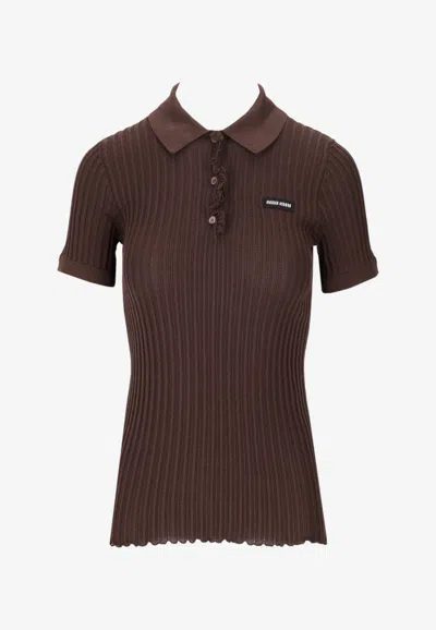Miu Miu Ribbed Knit Polo T-shirt In Brown