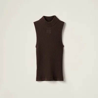 Miu Miu Ribbed Knit Wool Turtleneck Top In Cocoa Brown