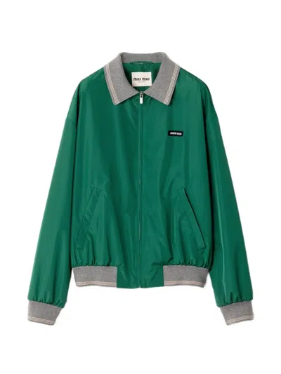 Miu Miu Ribbed Knit Zip Bomber Jacket In Green