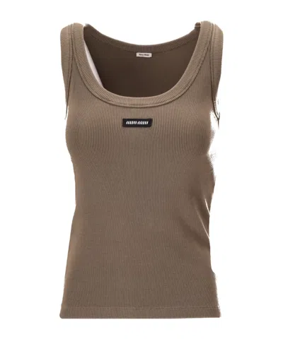 Miu Miu Ribbed Logo Tank Top In Brown