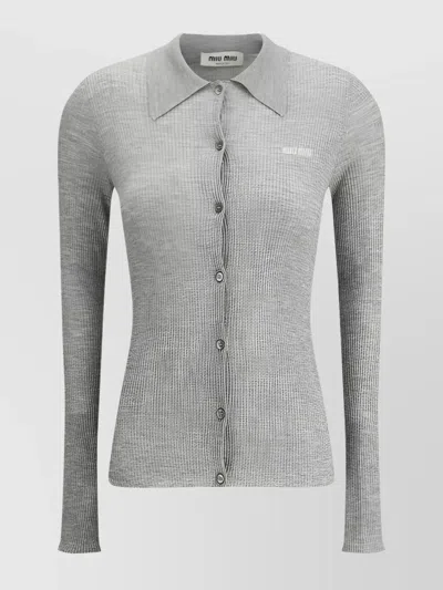 Miu Miu Ribbed Long-sleeve Polo Sweater In Gray