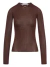 Miu Miu Silk Long Sleeve T-shirt With Ribbed Texture In Brown