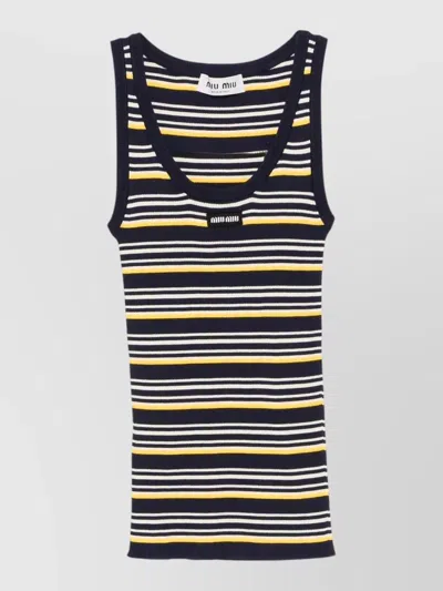 Miu Miu Ribbed Scoop Neck Sleeveless Striped Top In Black