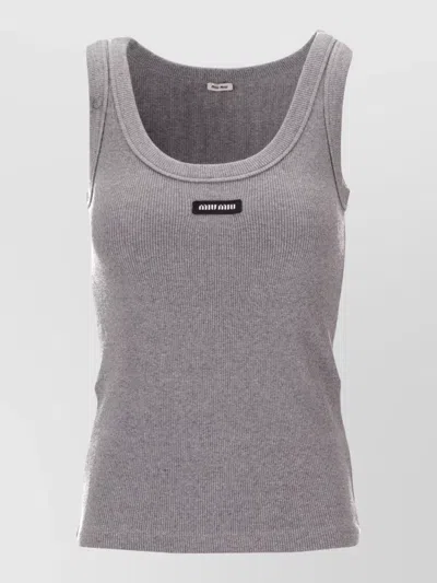 Miu Miu Ribbed Sleeveless Jersey Knit Top In Gray