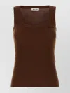 Miu Miu Ribbed Sleeveless Square Neck Cotton Top In Brown