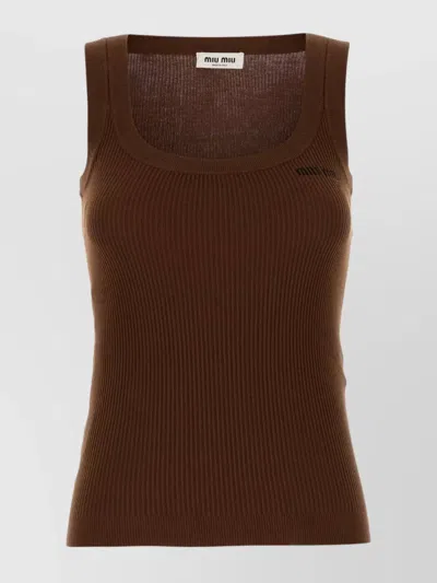 MIU MIU RIBBED SLEEVELESS SQUARE NECK COTTON TOP
