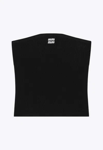 Miu Miu Ribbed Strapless Top With Contrasting Logo In Black