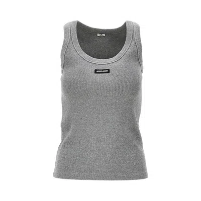 Miu Miu Ribbed Tank Top With Logo Label In Gray