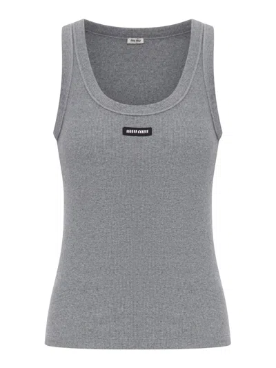 Miu Miu Ribbed Top In Stretch Jersey With Logo Patch In Gray