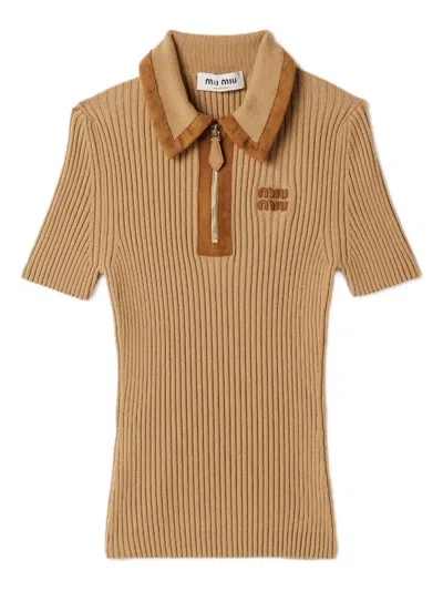 Miu Miu Ribbed Trimmed Polo Sweater In Brown