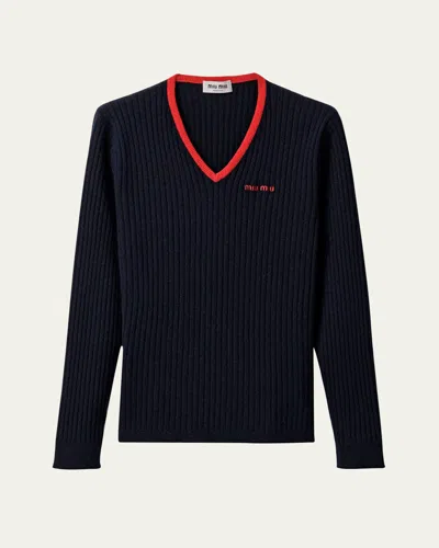 MIU MIU RIBBED V-NECK LONG SLEEVE CASHMERE SWEATER
