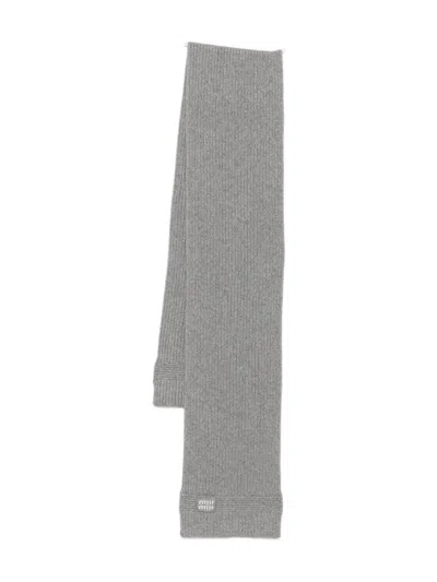 Miu Miu Ribbed Virgin Wool-blend Scarf In Gray