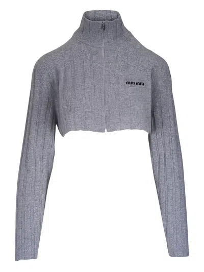 Miu Miu Ribbed Zip Cardigan In Gray