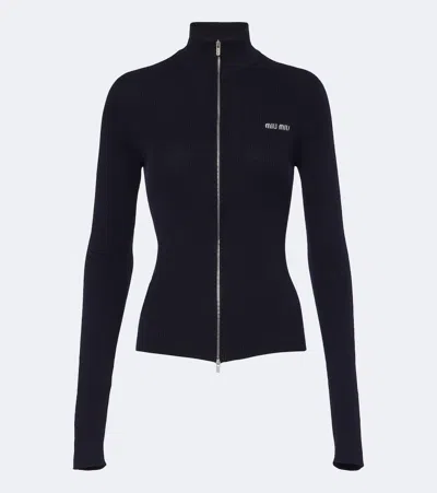 Miu Miu Ribbed-knit Cotton Zip-up Jumper In Blue