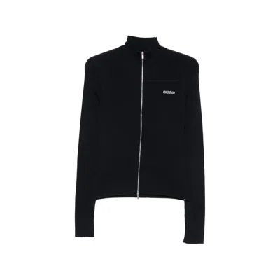 Miu Miu Ribbed-knit Logo-embroidered Cardigan In Blue