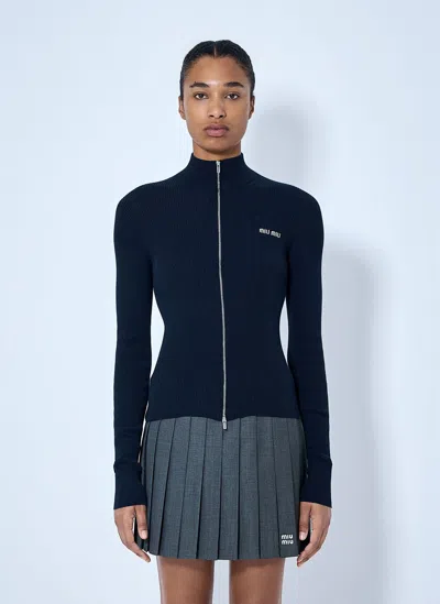 Miu Miu Ribbed-knit Logo-embroidered Cardigan In Navy