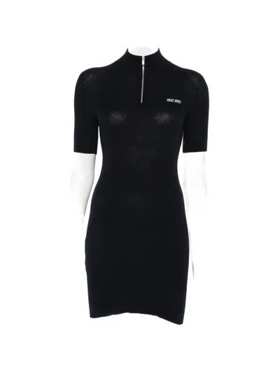 Miu Miu Ribbed-knit Logo-embroidered Mini Dress In Blue