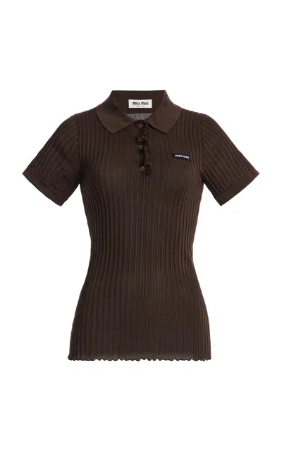 Miu Miu Ribbed-knit Silk-blend Polo In Brown