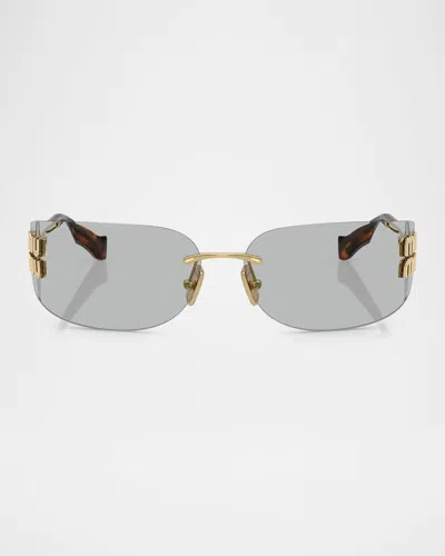 Miu Miu Rimless Logo Metal Rectangle Sunglasses In Gold
