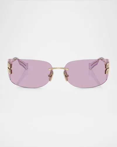 Miu Miu Rimless Logo Metal Rectangle Sunglasses In Pink