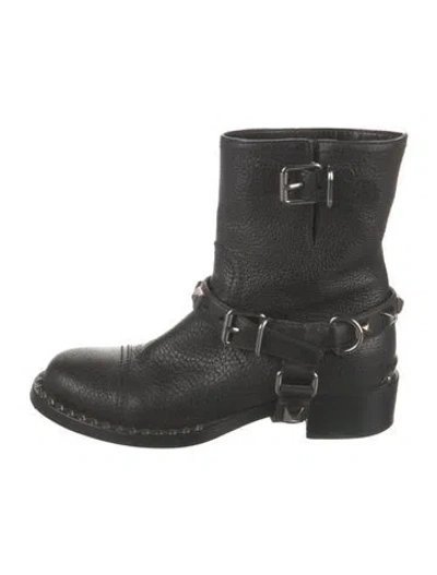 Pre-owned Miu Miu Rockstud Accents Leather Moto Boots In Black