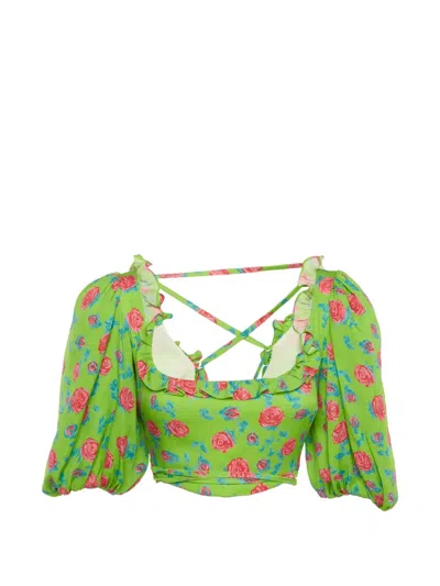 Pre-owned Miu Miu Rose-print Crop Top In Green