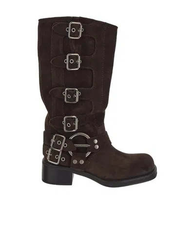 Miu Miu Buckle-detail Block-heel Boots In Brown