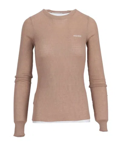 Miu Miu Round Neck Sweater In Brown
