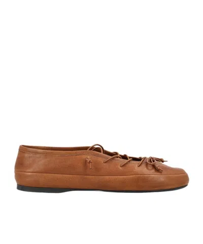 Miu Miu Leather Ballerina Shoes Flat Sole Round Toe In Brown