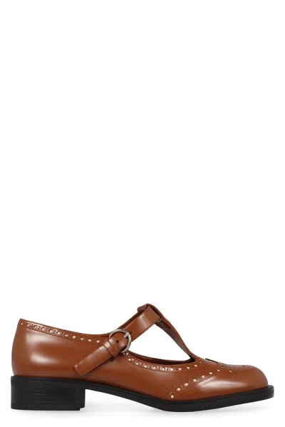 Miu Miu Brushed Leather T-strap Brogue Shoes In Brown