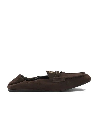 Miu Miu Ruches Suede Loafers In Brown