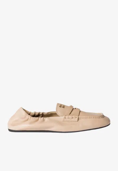 Miu Miu Ruched Nappa Leather Loafers In Neutral