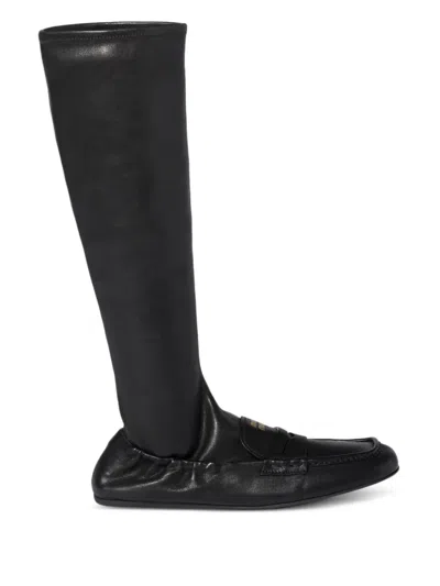 Miu Miu Ruches Apron-detail Leather Boots In Black